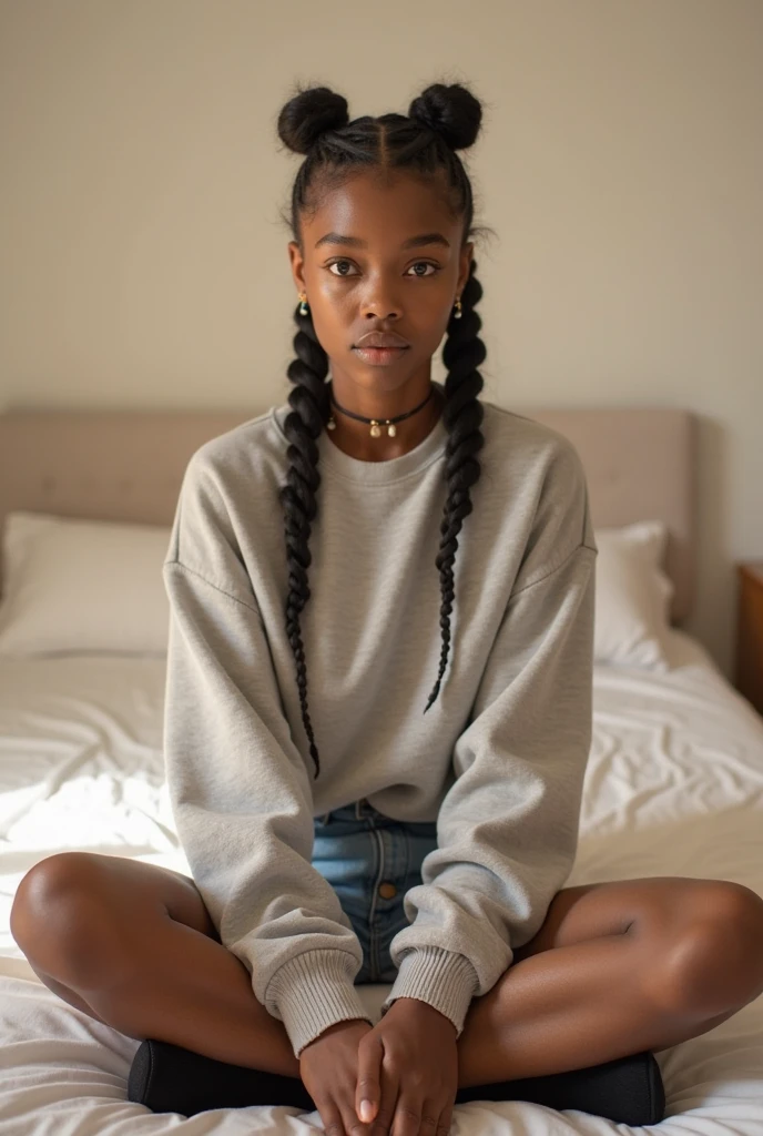 15 year old girl , metisse , african hair in her bedroom, and crock top , slightly light brown complexion