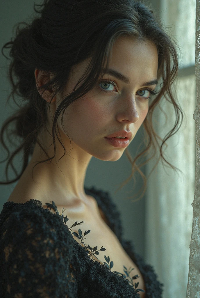 (((ultra realistic))) Photo, masterpiece, top quality, (pale skin), (Ultra detailed face and eyes:1.3), Indian 1 girl, in a beautiful black(goldon embroidery)dress, (Eye makeup, mascara) , (a close up portrait of a beautiful woman with long brown messy bun, curly hair), wearing a black dress, gorgeous detailed face, extremely beautiful delicate features, piercing eyes, luscious lips, flawless skin, stunning portrait, high quality, cinematic lighting, photorealistic, masterpiece, dramatic depth of field, soft elegant expression, elegant and serene, professional portrait photography, beautiful model, gorgeous female portrait, incredible realismof field, bokeh, (special attention to skin detail: 1.2), Detailed leather texture, skin pores. ((side angle portrait, viewing towards the camera)) , ultra detialed, soft elegantly day light:1.2