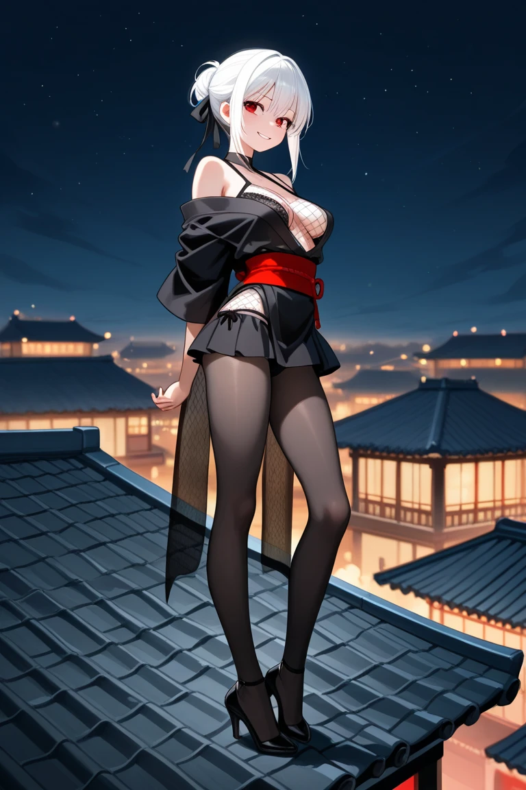 ((1 queen woman, with penis, big penis, soft penis,((medium breasts, bare breasts, bare pussy,((white hair with ponytail, red eyes, hopeless face)),((standing, in one in a haunted medieval street, at night)) ,