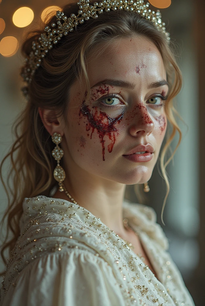 movie scenes, ((full-body: 1.5)), a frightened bride, blood-soaked wedding dress, close-up of bride face, mysterious, ancient, intricate detail, highly detailed, volumetric lighting, 4k rendering, stock photo, ultra-realistic, realistic textures, dramatic lighting, depth of field, film, (very wide angle: 1.3), dark light