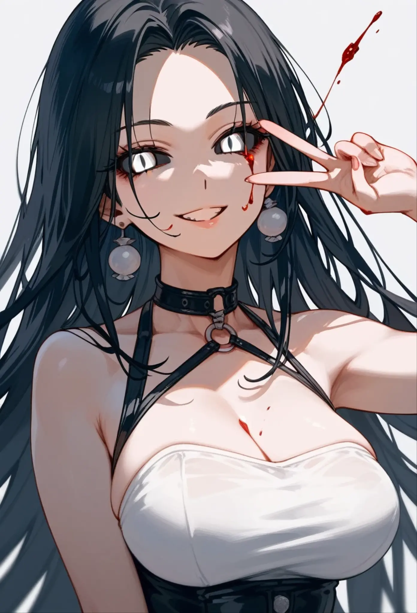 masterpiece, zoom out, score_9, score_8_up, score_7_up, portrait, 1 girl, alone, black hair, long hair, long parted bangs, white eyes, black sclera, (blood tears, small smile), evil, parted lips, expressionless, big breasts, upper body, V-neck strap basic dress, black bottom, best quality, long split bangs, Long parted bangs
