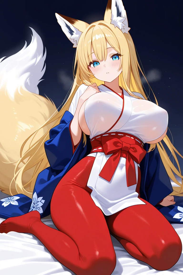 (((masterpiece))),(((best qualtiy))),((Ultra detail)),(illustration)，huge tit，1girl, Dummy thicc, Exposed kimono，Kitsune wife in japanese palace, Facing the audience ，Take off half of your kimono，Long straight golden hair，Largest breasts，Clean smooth and delicate white silk long legs，Gorgeous blue Japanese kimono , Fox ears and nine flufy fox tails , Thicc thighs , Tall woman , Seductive smile , Horny