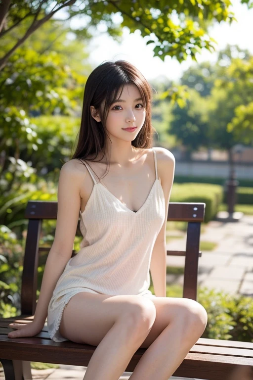 (8K high image quality), (top-quality), (RAW image quality),(masutepiece:1.2), (Realistic), (Photorealistic:1.37), Exquisite, (Live-action realistic style), The Ultimate Face, Photorealistic light and shadow, Clear facial features, milky skin, Fair skin, highdetailskin, Realistic skin details, Visible Pore, (Super Detail),Hair length is random, (Flowing hair), Best portraits,Shot from a short distance, Only one girl, Cute,Beautiful detailed eyes, beautiful detailed nose, highlydetailed skin , (Beautiful face with double eyelids), (Realism: 1.4), excellent details, Ultra-high resolution, delicate and beautiful face, 25-years old, (Beautiful Face 1.4), A slender, ((Wear a colorful short dress:1.2)), ((In a park rich in nature)), Natural smile, (Looks fun), Longhair, red lipsticks, beautiful legs, ((Sit in front of the audience with leg extended)), ((Smile at your audience)), Very attractive smile, Sit on knee upright, It is a very simple dress,