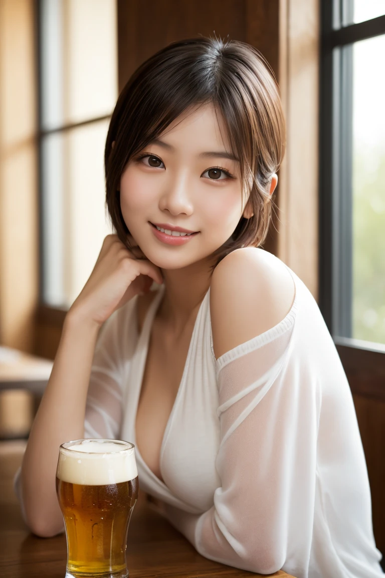 masutepiece, Best Quality, Illustration, Ultra-detailed, finely detail, hight resolution, 8K Wallpaper, Perfect dynamic composition, 1 beautiful girl, Beautiful detailed eyes, Girly blouse, Medium Hair, Normal breasts, Natural Color Lip, Random Poses, Smile, Open mouth:0.8, fashionable cafe, 20 years girl, sit, Chocolate parfait in a vertically elongated glass on the table,
