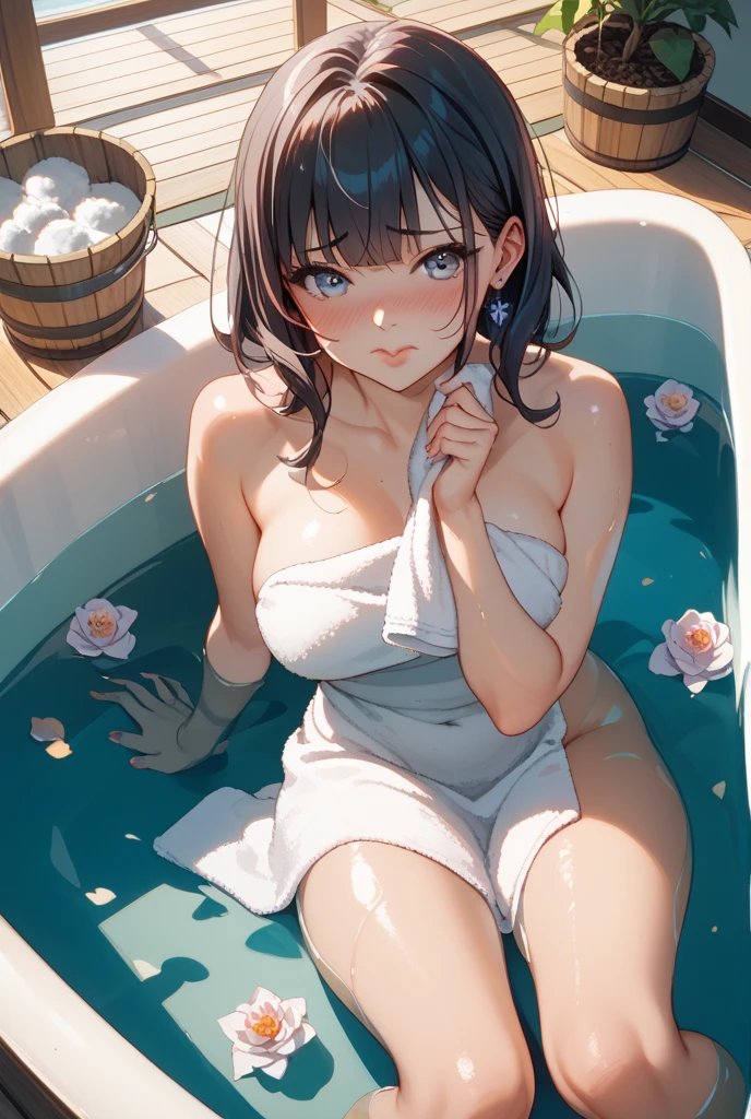 Taking a bath wearing only one piece of clothing、Taking a bath with the lights off、Smiling、Watching the audience、Candlelight、candle lamp、relax、Chignon、