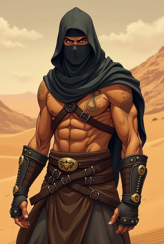 Male arab warrior, medivial, black balaclava, black bandage, black clothes, thin waist, skinny body, black eyeliner,