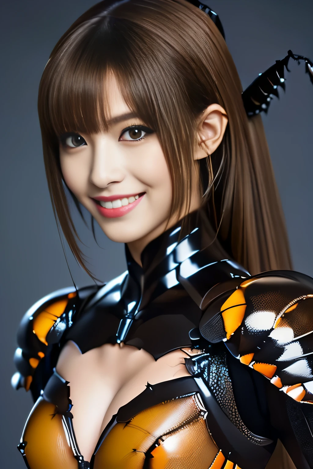 (high resolution,masterpiece,best quality,extremely detailed CG, anime, official art:1.4), realistic, photo, amazing fine details, all intricate, gloss and shiny,awesome many layers, 8k wall paper, 3d, sketch, kawaii, illustration,( solo:1.4), perfect female proportion,villainess, (fusion of dark brown cockroach and lady:1.4), (brown cockroach form lady:1.2), (brown cockroach lady:1.2), (fusion:1.2), (solo:1.4), (evil smile:1.2), muscular, abs, (cockroach brown exoskeleton bio insect suit:1.4), (cockroach brown exoskeleton bio insect armor:1.2), (brown transparency cockroach wing:1.4), (brown cockroach antennae:1.3),