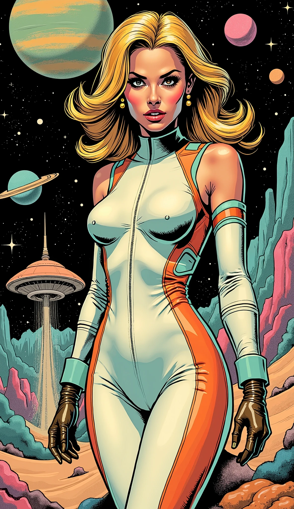 retrofuturism, 1950s pulp magazine cover style, a beautiful extraterrestrial woman coming out of a spaceship