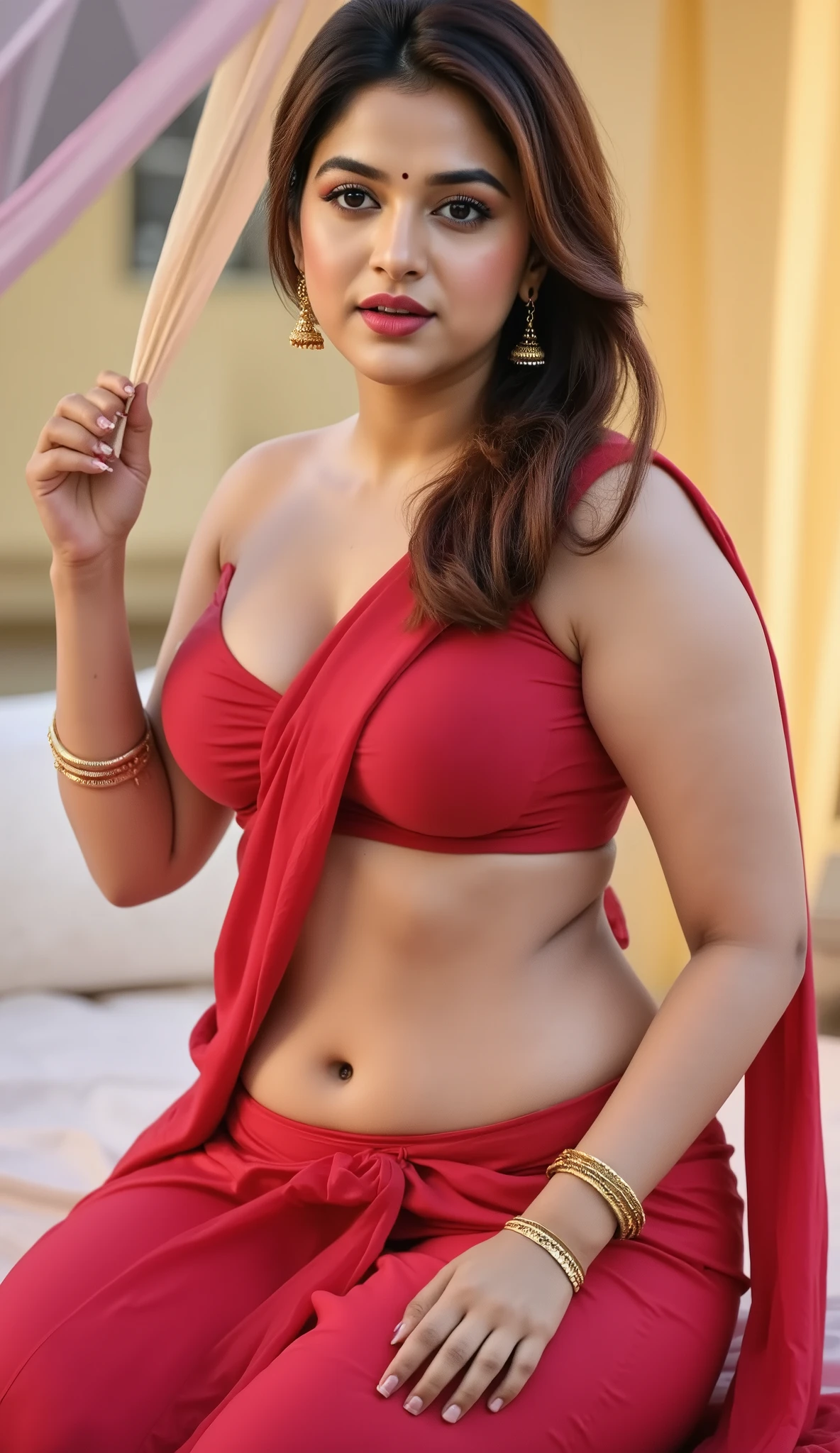 Beautiful lips, smiling face, breast spot, navel, thighs woman attractive to wearing saree curvy body,gym girl with zero Figure.