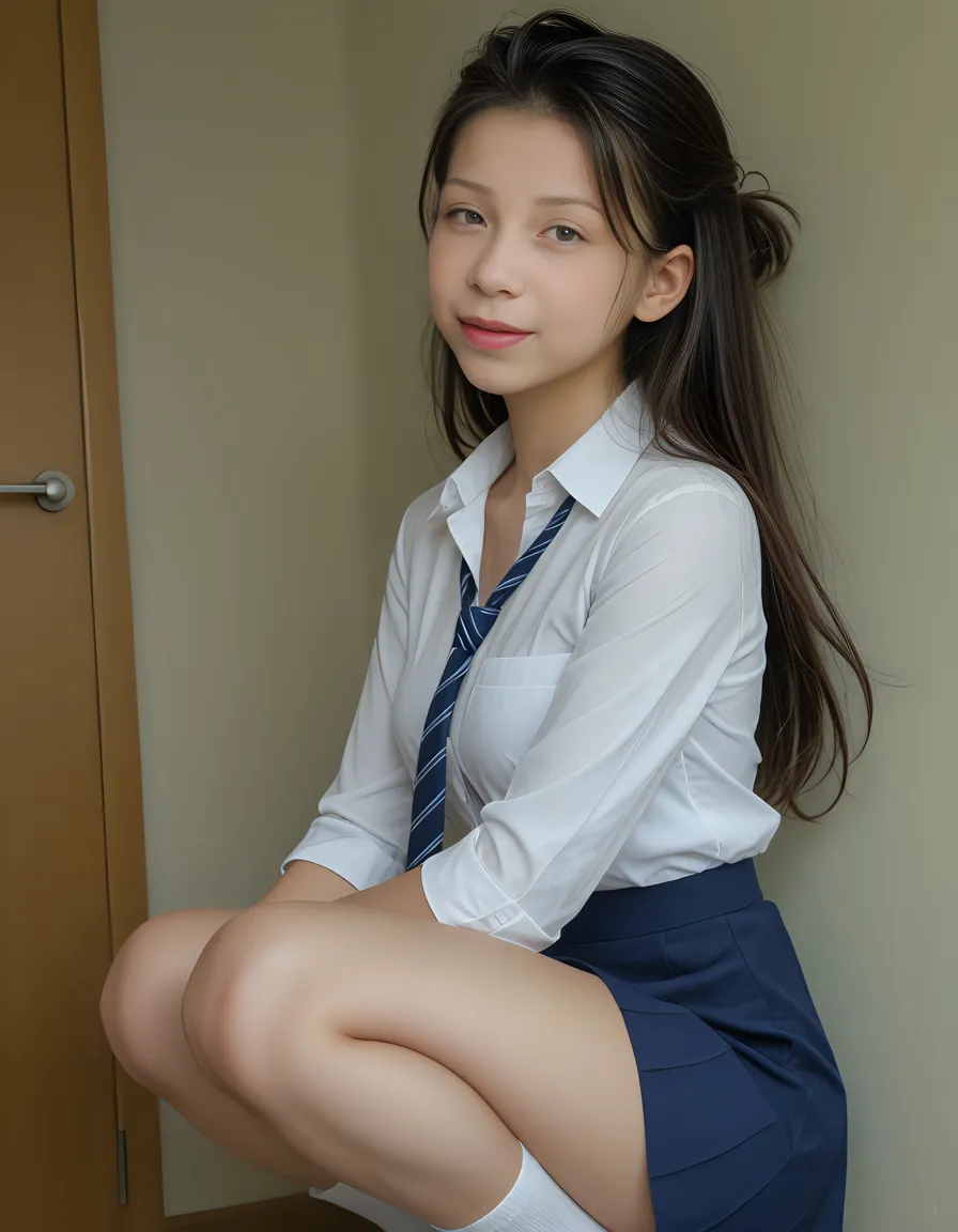 (masterpiece, top-quality:2.0), (超A high resolution), (Photorealsitic:1.4), foco nítido, (1girl in), (pigtails hair), (Smile at the person you like:1.5), finely eye, face perfect, Detailed skin, ((White Fraus、Dark blue mini skirt、Lace socks、Loafer shoes))、prety woman、20yr old、extra detailed face、Perfect face,