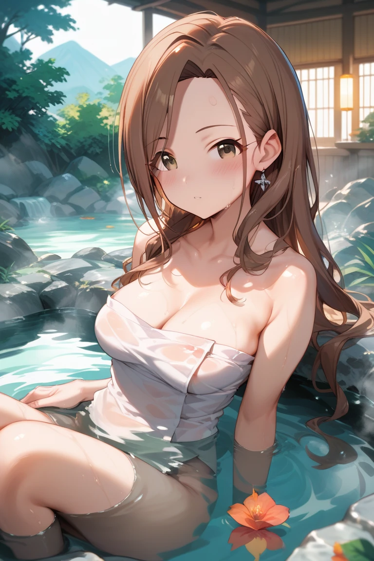 Big eyes, the pinnacle of the anime illustration, Moe style illustration, the best, masterpiece, very detailed, masterpiece, very detailed, high resolution, holding naked with one bath towel, after bathing, curious eyes, shiny, plump lips, shiny hair, on the waist, girl, hands on the waist, half-long hair, brown hair, smile with mouth closed, whole body, mid bust, slim waist, hot spring