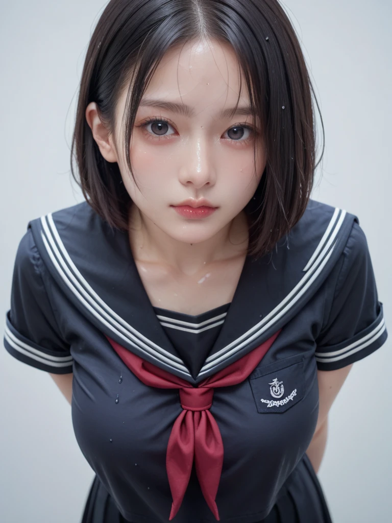 score_9,score_8_up,score_7_up,ultra detailed,absolutely resolution, detailed beautiful face and eyes,Black hair,short hair forehead,Black sailor uniform,Black short sleeve,sweaty skin,leaning forward,large breast,arms behind back,large breast,from pov,looking at viewer,School