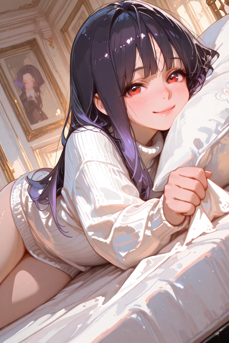 (((hair: “long" + "curly" + "dark velour purple hair" + "side swept bangs" + "blunt bangs" + "chin length curly hair framing face")))
(((eyes: “upturned eyes" + "big asian eyes" + "red eyes" + "long lashes" + "puppy eyes” + “dilatated pupils”)))
(face: "looks submissive" + "vulnerable" + "evident blush“ + "blushing a lot" + ”gentle face" + "youthful innocent face")
(((body: “pale complexion" + "wide hips" + "very narrow waist" + "flat breasts" + "pink tits"+ "loli body" + "petite body" + "thick thighs")))
(((outfit: "nightwear" + "loli outfit" + "long red pajama top" + "long red baggy pajama pants" + "simple outfit" + "low cut pajama top")))
(position: "lying on bed") ((loli body)) ((youthful)) (((blunt bangs))) ((very curly hair)) (curvy) ((very red eyes))