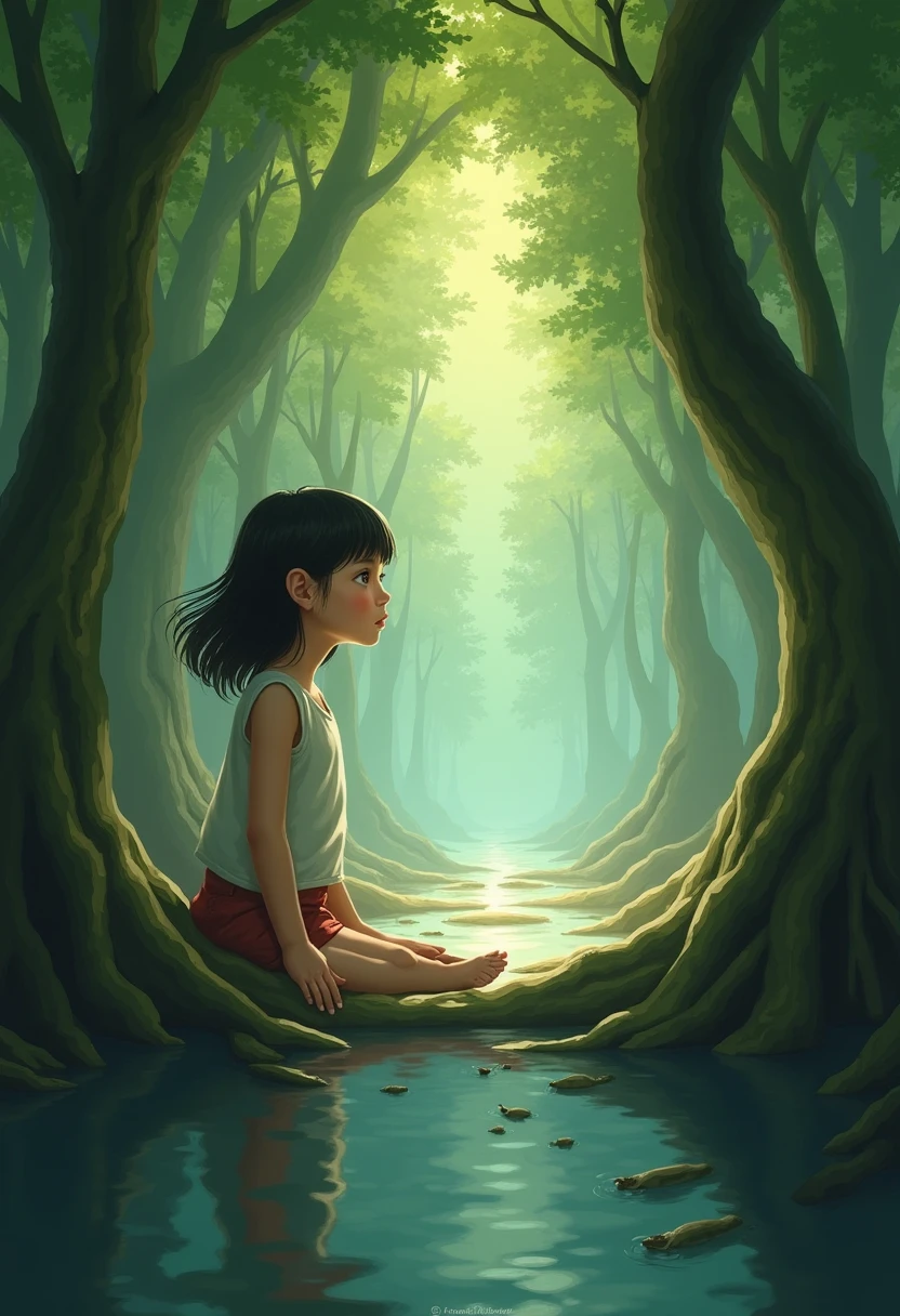 In cinematic 3d carttoon style Picture Hint: Show a dense forest with a small hill in it. Show Chiku looking worried and scared towards the hill.