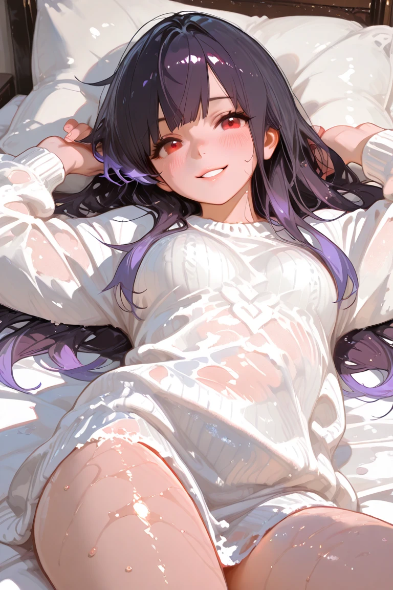 high quality, 最high quality、 Stylish design, (((The cutest girl))), ((Thin legs))、(((最high quality))), High resolution, ((detailed)), ((masterpiece)), ((Super detailed)), 16-year-old girl、Black Hair、Inner Color、((Lying on your back in bed)),((Sexual))