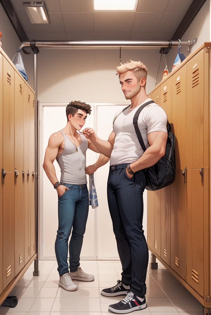 photograph, adult white male father, buying white male college student son, a multipack package of men’s white briefs. father smirks, son looks embarrassed