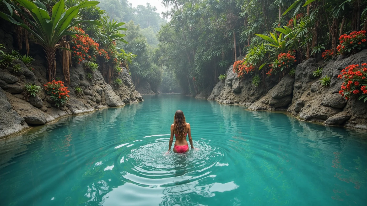 Vibrant, outdoor photograph featuring a woman standing waist-deep in clear, turquoise water. She has long, blonde hair and is wearing a blue and purple patterned bikini. Her back is to the camera, and she is looking towards a rocky cliff covered with greenery and tall, slender trees. The sky is clear and blue, adding to the serene and picturesque setting. The overall composition highlights the natural beauty of the location and the relaxed, summery atmosphere.