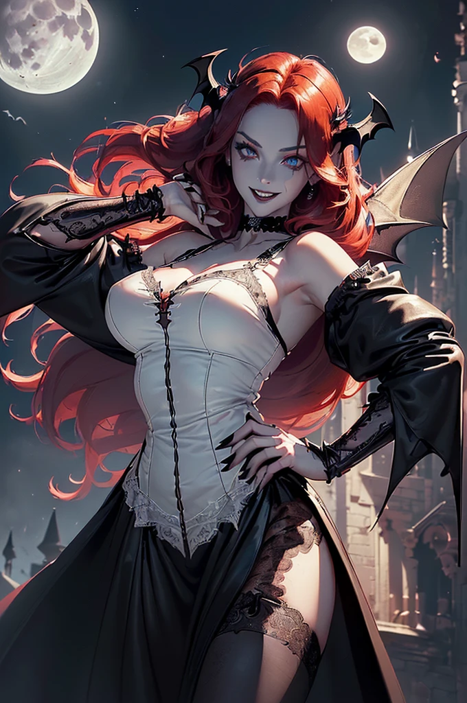 nevan2023, bats, hair covering breasts, covered breasts, shadow dress, red hair, green skin, beautiful elegant woman, glowing yellow eyes, 8k, uhd, best best quality, trending on arstation, photorealistic, masterpiece, raw image, skin pores, detailed skin, 5 fingers, wide angle shot, acient castle, long hair, evil laugh, sinister, wearing santa hat, snowy day