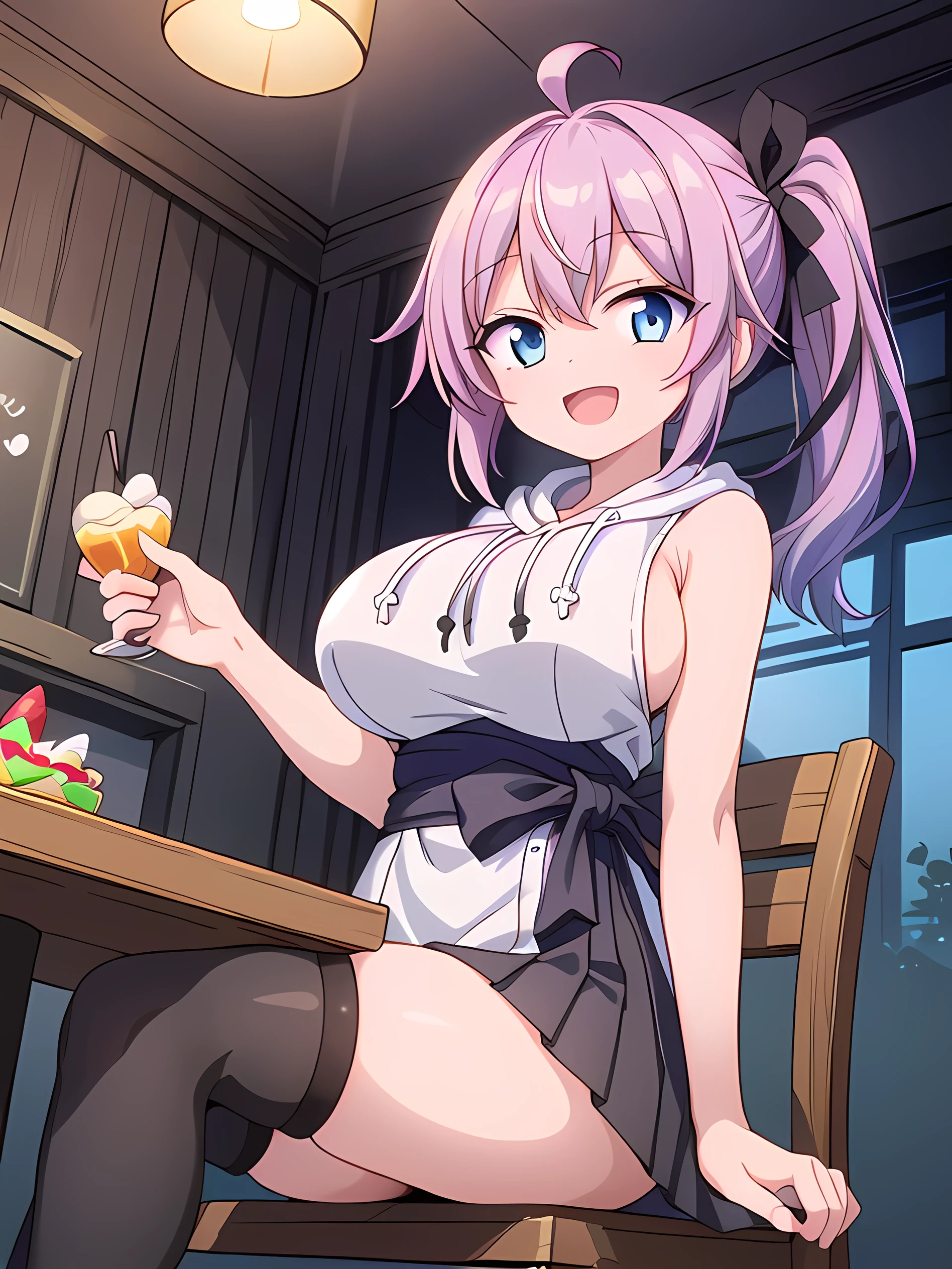 (((Delicate Line-Drawing, Vibrant-Colors, Rich-Contrast, Perfect-Highlights, Best Depiction, Highest Detailed, Highest Image-Quality, Highest Quality, Highest Res, Anime-Style))), BREAK ((From-Below, Looking-at-Viewers)), BREAK (((One Girl, Purple-Lilac-Colored Hair:2, Tying a Waist-Length Side-Ponytail with a Black-Ribbon:2, Round and Fluffy Huge-Breasts:2, Perfect-Hands with Five-Fingers:2, Ahoge:1.5, Blue-Eye Highlights, Long Eyelashes, Double Eyelids, 148cm Tall))), BREAK ((Wearing a Sleeveless White-Hoodie and a Black-Pleated-Skirt and Black-Stockings:1.8, White-Hood-Down, Huge-Sideboobs-Visible)), BREAK (((Sitting on the Chair, Put Your-Hands together, Smile, :D))), ((In the Restaurant, There is a Big-Parfait on the Table, Lively-Restaurant))