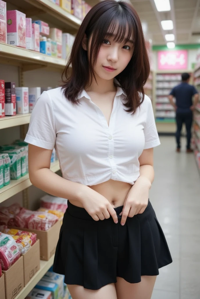 (8K, 超A high resolution, Best Quality, masutepiece:1.2),(18year old:1.2)、(Look away)、8K、RAW portrait of japanese girl、Photorealsitic、超A high resolution、top-quality、(Nipple protrusion:1.8) (huge-breasted、Close all buttons on the shirt:1.3),(student clothes、Pure White Cutter Shirt、Pleated mini-skirt:1.5)、(From directly below:1.3)、Put your hands behind your head、(Inside a convenience store:1.2) BREAK (Natural Skin Texture、Detailed skin、Hyper-Realism、ultra sharpness)、intricate detailes、depth of fields、Japan idol system、hposing Gravure Idol、Gal、爆乳、a short bob、(Large thigh opening:1.2)、voluptuous breasts、big eye、Thin makeup、bangss、Eye lashes、Crisp double、cheerful look、Dainty schoolgirl、Pure White Cutter Shirt、(Showing off a flashy ultra-thin T-bag:1.5)、(Squat:1.5)、(Put a white shirt inside the skirt:1.1)、Show the armpits、Plaid pleated skirt、Black loafers、Black socks、(Flashy ultra-fine T-back with small area:1.5)、(recess in the areola with protruding areola:1.4)、portlate、Perfect Angle Pro Quality High Resolution Perfect Contrast Perfect Lighting Perfect Composition Perfect Wife Perfect Skin Perfect Hands Perfect Fingers Perfect Chest Perfect Hair Perfect Face Realistic Facial Feature Masterpiece(Black stockings)