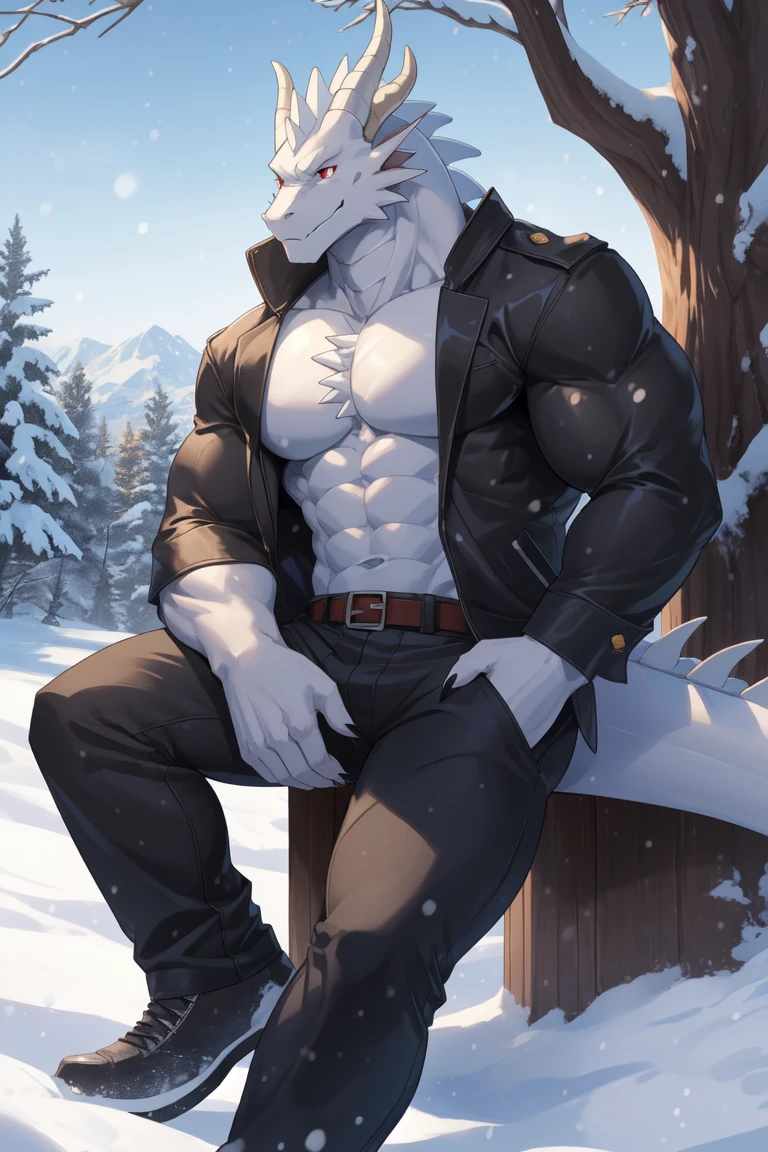 highres, super high resolution, 4k, beautiful details, beautiful eyes, depth of field, solo focus, detailed background, high quality, good lighting, masterpiece, detailed background, great lighting, detailed face and body, detailed lighting, cinematic lighting, [detailed ambient light], (blurry background, rural town outdoors, snow, winter), [sharp focus], (solo), Steele_\(Balto\), Steele, (Male Anthro (Alaskan_Malamute) furry), Husky, Canine, Canis, Canid, Wolf, tail, big ears, tall ears, handsome, masculine, (muscular, big muscle, muscular legs), blue eyes, wearing big collar, (detailed fluffy fur, fluffy, detailed fur):1.4, realistic fur, photorealistic fur, ((long fur)), (by takemoto arashi, by meesh), (black lineart, black outline:1.2), (tight underwear, big belt), smooth shading, serious face, strong, (full body, spread legs, wolf feet), bare feet
