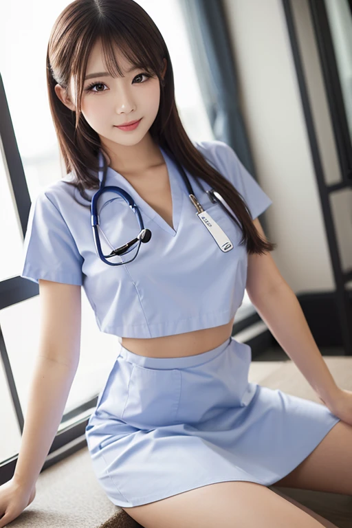 Highest quality, (Beautiful nurse:1.2)、Sit on a chair with your legs open、Shoot from below、Spread your legs
