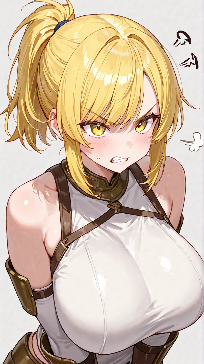 masterpiece, mountainous horizon　Upper body, (((((big breasts))))), (((((nude))))), nsfw,　, 1 boy,blonde　yellow eye, ((((((hair over one eye,)))))), Braidスタイル, spike hair, dull bangs, bob hair, Braid, Ahoge, cute eyes　looking at the viewer　((from front)), open mouth, scared, orgasm, ((abs)) ahegao, ((looking up:1.3))), (face close up:1.3 orgasm, scared, (((no pupils))), simple eyes, restrained, Are standing, (fang), ((simple eyes)), (((((((punching))))))),((((cum on body)))),crying face