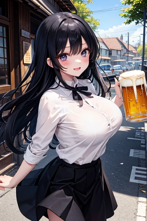 light particles, soft lighting, volumetric lighting, intricate details, finely detailed,
1girl, solo,
Black hair, long hair, flowing hair,
Blue eyes, long eyelashes, thick eyelashes, looking at viewer, Holding a beer cup, Drunk, smiling,
Unbuttoned White Shirt and rolled up sleeves, Black Pants,
black background, simple background,