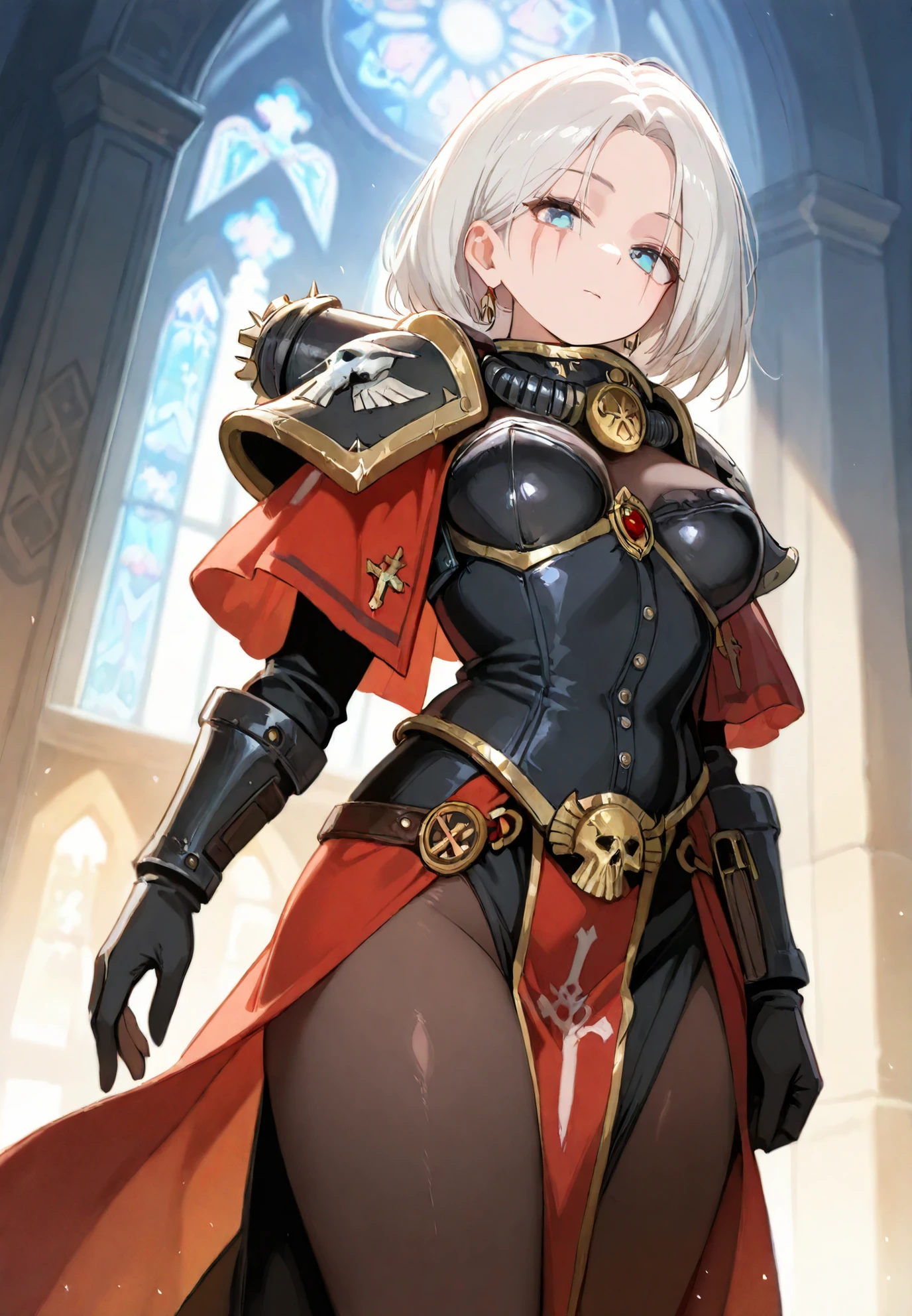 1girl,solo,sister of battle, warhammer 40000 universe,adepta sororitas,face scar,wearing a bulky ornate black armor,white hair,gothic church at night,BREAK,night time,cinematic lighting,masterpiece,top quality,warm color,high resolution,high fashion,absurdres extremely,vivid colors,intricate details,best quality,amazing quality,very aesthetic,newest,ultra-detailed,