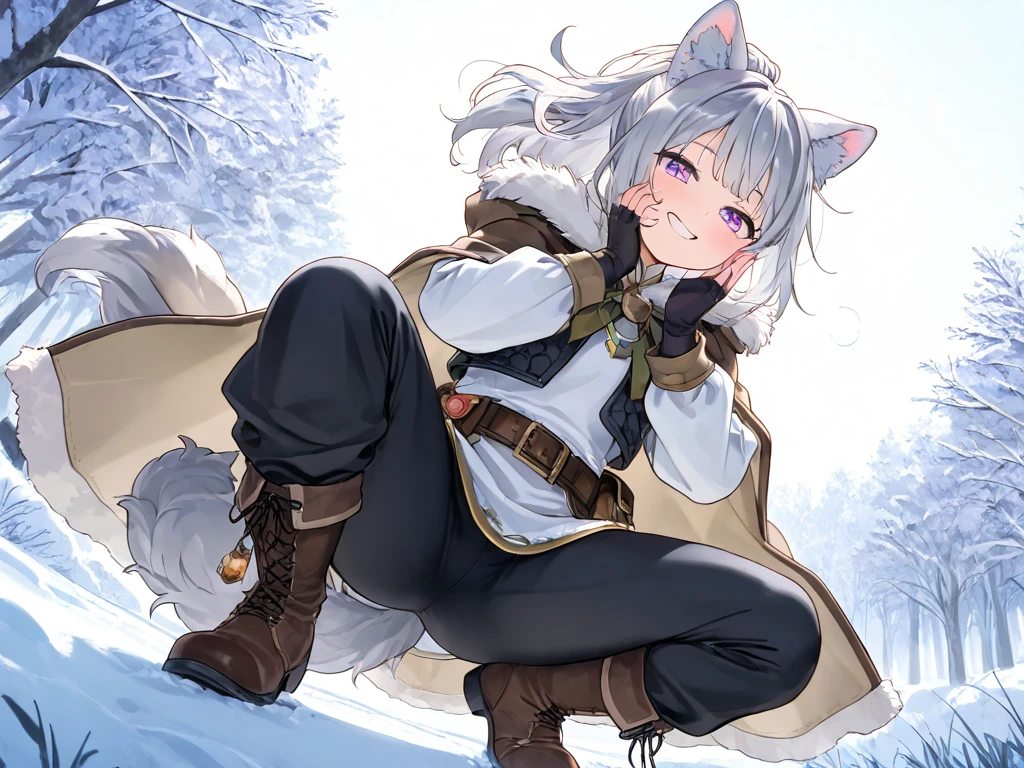 (masterpiece, best quality, high resolution, distinct image), cinematic lights, 1girl, solo, <lora:manul:0.75>, grey hair, multicolored hair, cat tail, cat ears, yellow eyes, striped tail, short hair, scarf, fur trim, grey skirt, white footwear, white gloves, frilled skirt, grey pantyhose, multicolored clothes, eyelashes, grey jacket, long sleeves, fur collar, fur-trimmed boots, buckle, belt buckle, white hair, elbow gloves, two-tone hair, white scarf, fur-trimmed sleeves, grey footwear, forest, snow, paw pose, pallas's cat \(kemono friends\),