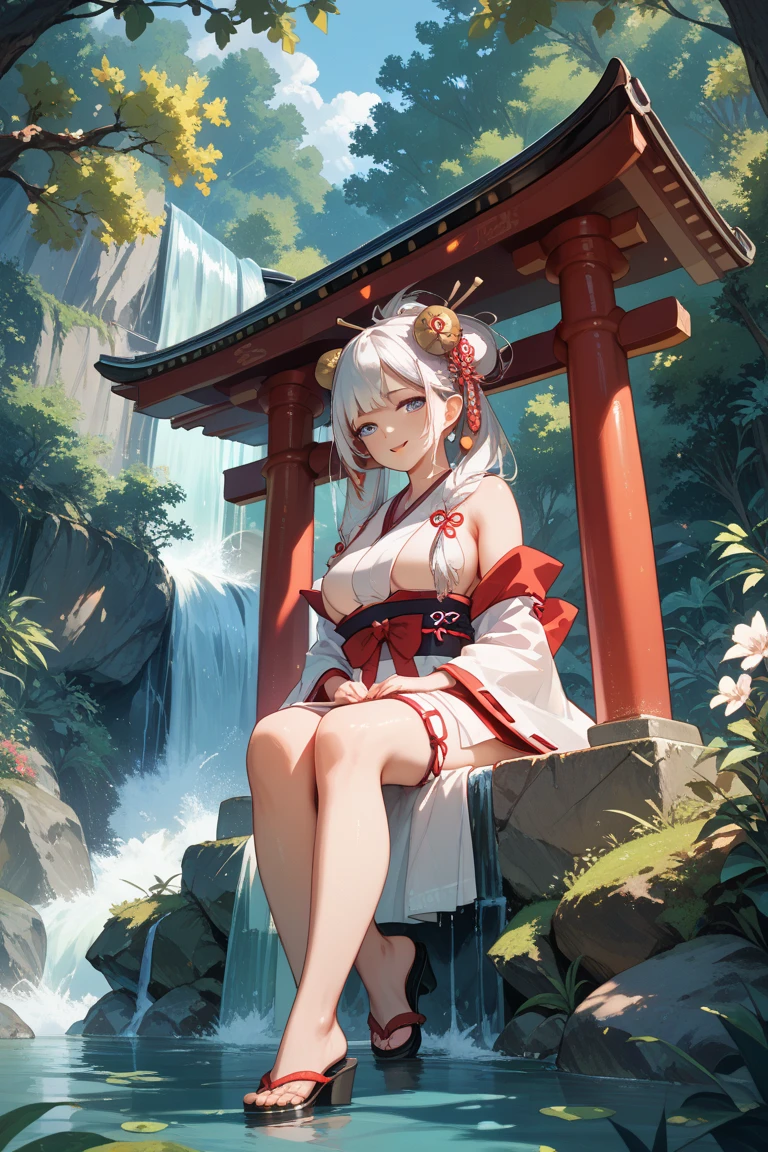 ganyu_\(genshin_impact\), hiten kei style, claude monet, oil painting, horns, masterpiece, hyper realistic, realistic skin, best quality, 1girl, lakeside, medium breasts, huge nipples, erect nipples, topless, full body, vector illustration, nipples, light smile, open mouth, bangs, long hair, stomach, navel, bare shoulders, light blue hair, wet, soaked, raining, sarong, loincloth, black pantyhose, magnolia leaves, autumn, sky, hands up, arched back, stretching, open mouth, bored, waterfalls, cliffs, falling leaves, resting, holding a wooden pail, wet body, pouring rain, washing her body, taking bath, arched back, white flowers, eating honey, honey poured on body, body drenched in honey, long tongue, sticky, tongue out