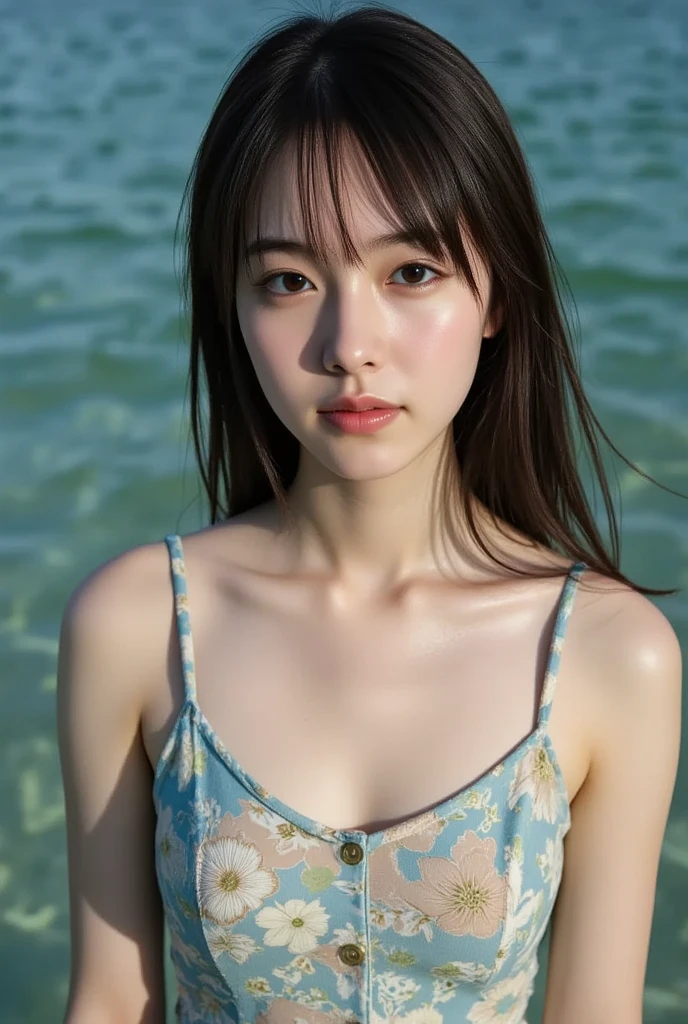 (best quality,4k,highres,masterpiece:1.2),ultra-detailed,realistic:1.37,portrait,beautiful detailed eyes,beautiful detailed lips,long hair,cute,sexy,girl,full body,swimsuit,beach background,vibrant colors,soft lighting,playful expression,wet hair,bronzed skin,gentle waves,lush greenery,sun-kissed,relaxed pose,summer vibes