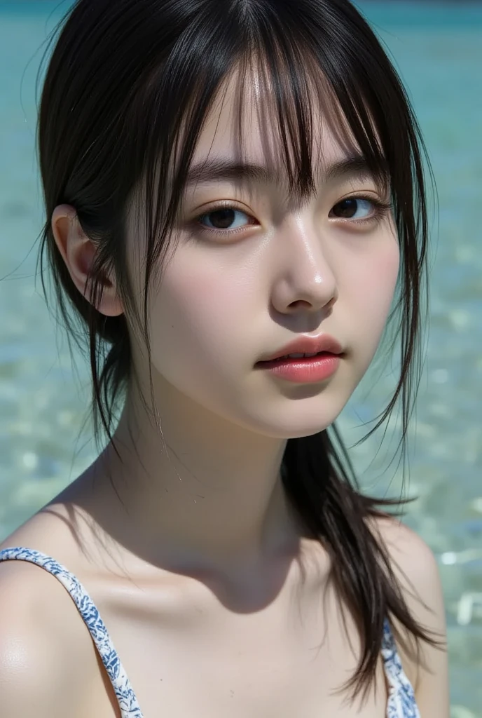 One Girl,(1人のとてもcute女の子:1.3),masterpiece,Highest quality,High resolution,Photorealistic,RAW Photos,Ray Tracing,beautiful girl,(15 years old:1.3),cute,Big eyes,(detailed pupils:1.2),(The face is facing straight ahead:1.3),Body facing forward,Beautiful nose,Fuller lips,Short black hair,ponytail,short hair,Detailed eyelashes,Thin eyebrows,Very fine grain definition,(Symmetrical eyes:1.3),(Face close-up,Face Focus:1.0),Small breasts,Short neck,White swimsuit,White Bikini,The background is the sea,Southern Island,Blue sky,White cloud,Portrait,View Viewer,Upper Body,Cinema Lighting,High resolution,Very detailed