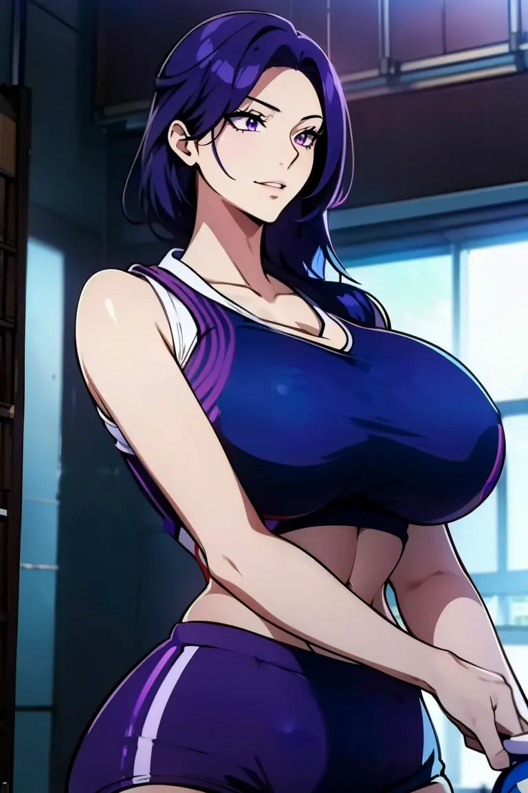 An anime-style artwork depicting Yoshioka_Maki from the game mesukyoshi4l.
Tags: Yoshioka_Maki, anime, detailed eyes, detailed lips, ass, (tank top:1.1), cleavage, hotpants,curvy, thighs, higheels, shiny clothes, skin tight, cleavage, long hair, solo, huge breasts, (violet eyes), smiling expression, intense gaze, dynamic pose, indoor, fitness room, vibrant colors, digital art, high-resolution, professional quality, gigantic breasts, (underboob : 1.4), curvy, cowboy shot, (gigantic breasts: 1.4),