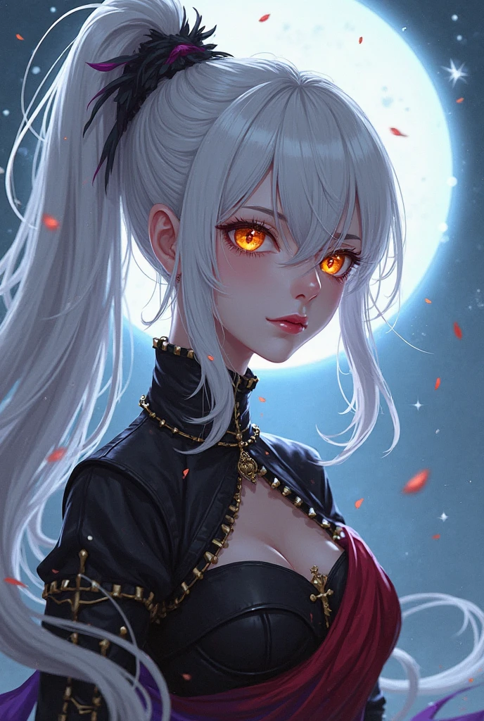 a cinematic portrait of a demon girl looking down on you,wearing a kimono, her (yellow eyes) glow in the dark, she has a menacing stare, (pixie white hair:1.3), mystic, (dark image:1.4), extreme shading, (horror shading:1),semi-realistic, glowing eyes, (horns), godess, particles, dramatic lighting, hyperdetailed, upperbody shot, low angle, vivid eyes, , (glowing yellow eyes:1), BREAK a mature woman, black tattoos, beautiful tatoos, tattoo on the neck, (yellow eye:1), (looking down)