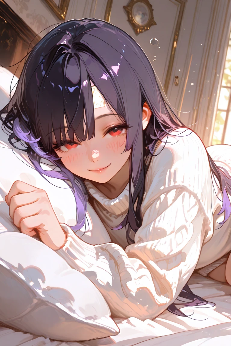 high quality, 最high quality、 Stylish design, (((The cutest girl))), ((Thin legs))、(((最high quality))), High resolution, ((detailed)), ((masterpiece)), ((Super detailed)), 14-year-old girl、Black Hair、Inner Color、((Lying on your back in bed)),((Light clothing,underwear)),((Sexual)),(((Shyness)))