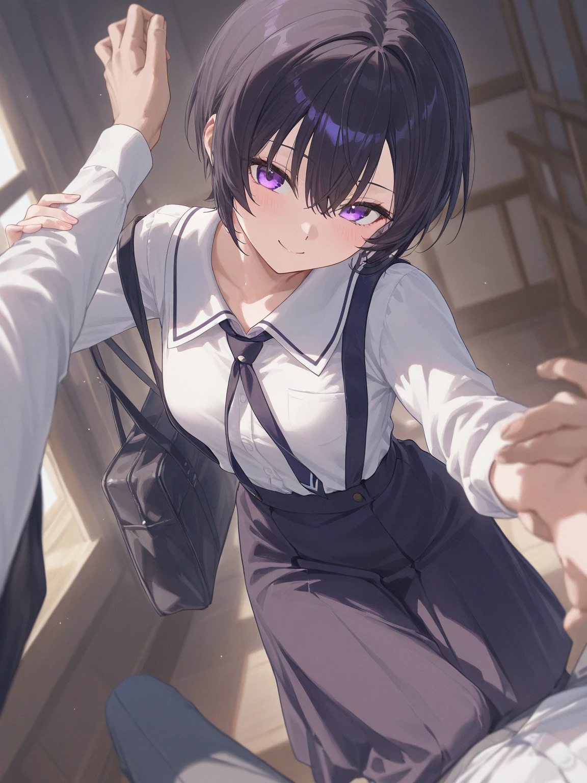 {masterpiece}、nsfw、1 female(Thick thighs、Big Ass、(Flat chest:1.5)、Black hair mixed with blue、(Bob Hair:1.2)、Purple eyes、((22 years old))、(older sister:1.4)、Tall、Looks sleepy、(Very short skirt:1.8)、Sailor suit、Low rise、Red cheeks、(Embarrassing)、Big butt、(((Vulgarity)))、(Wiggle your body:1.5)、(Sweat:1.6)、Squirting)、whole body、Alley、(night:1.5)、1 female、Unfold the skirt、Peeing on its own
