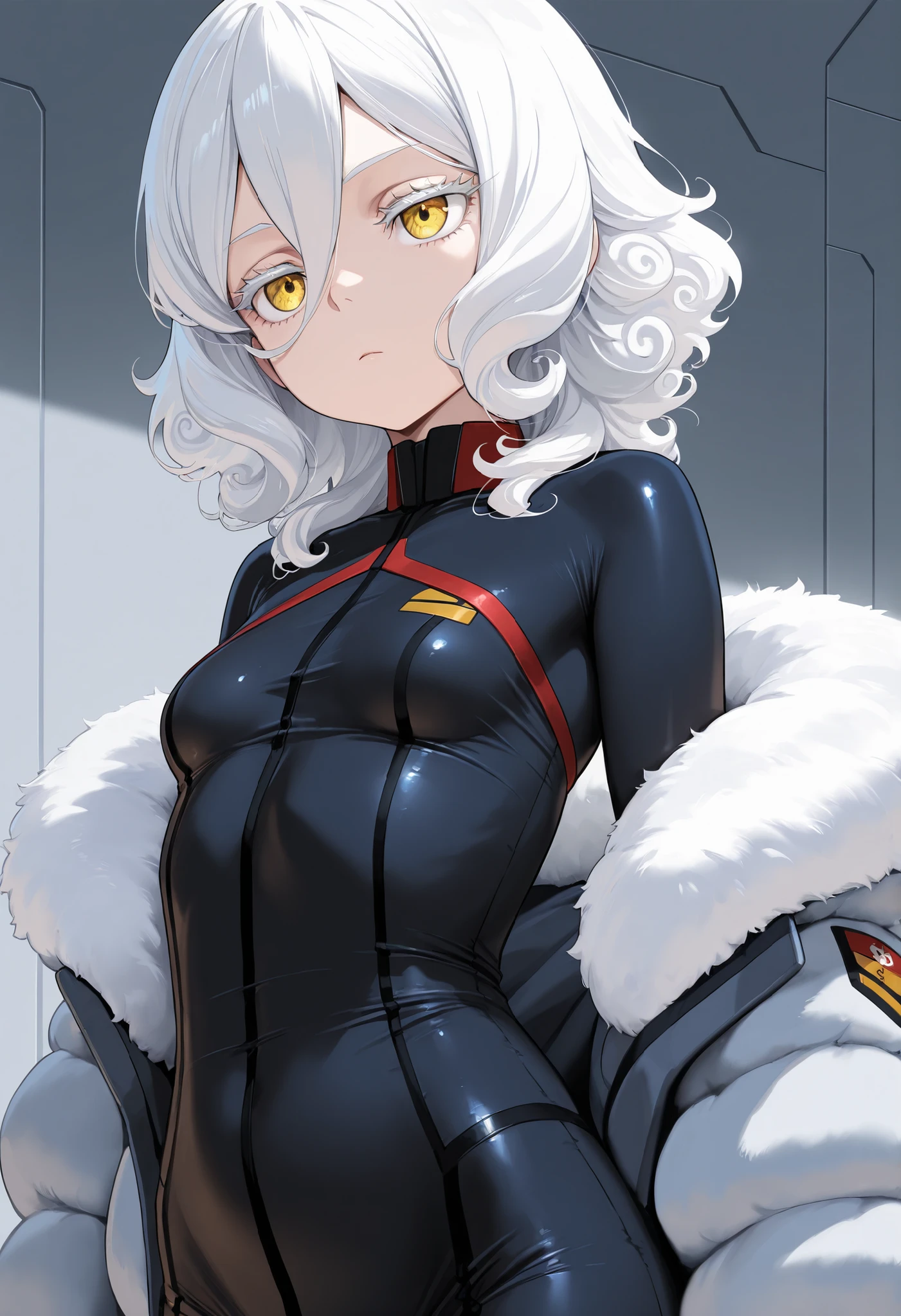 (masterpiece, best quality;1.3), ultra detailed, Looking at viewer,1girl, solo,
(ruri), grey hair,  yellow_eyes, BREAK,
flat chest, small breasts, thick thighs, thin waist, wide hips, curvy figure, voluptuous, smile, blush, arms behind back, covered navel, body stockings, black sexbodysuit, (see-through:1.2), epaulette, long sleeve, military cap, (salute),  
standing, front view, spaceship background, galaxy background, cosmic background,