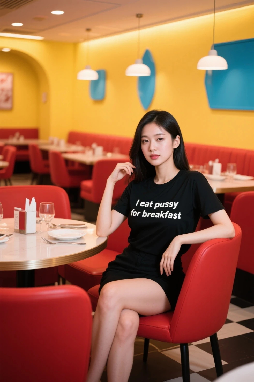 masterpiece, photorealistic, beautiful girl, dining in, eating, restaurant, chinese restaurant, crowded, city streets, highleg, panties, black laced, white t-shirt, strawberry print, black wavy hair detailed, high quality