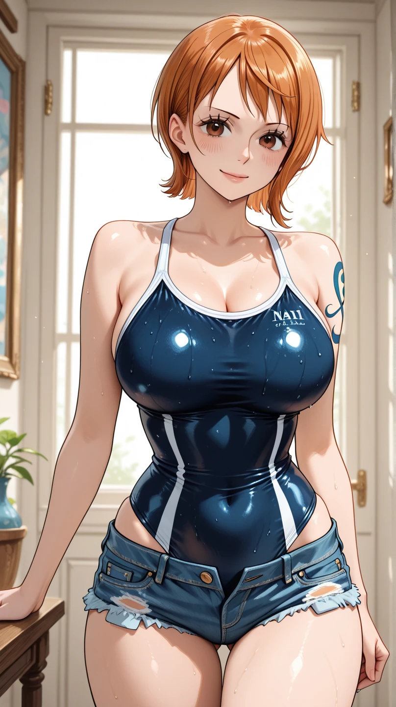 1 girl,Blue leotard,Super High Leg Cut,blue eyes,Serious face,Brown Hair,Bob Hair,Science Lab,Big Breasts,blush,Sweat,barefoot,bare hands,thin,Embarrassing,Garbage can,cardboard,Cowboy Shot,dark,shy,smile,tickle,saliva,Standing,