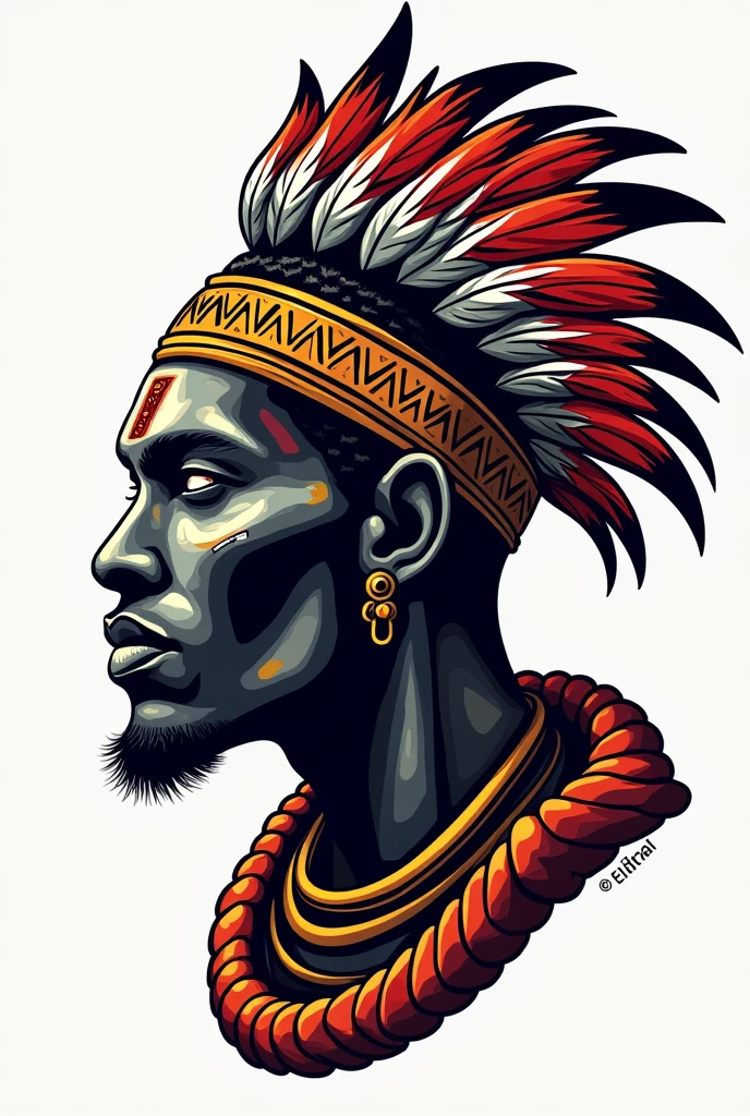 Logo, white background, silhouette of the favela, with the lights on, viper, Lair, cauldron, realistic, perfect, in front a Brazilian Caboclo, with a plume on his head in the colors green, red and white, with a pipe in his mouth, making smoke