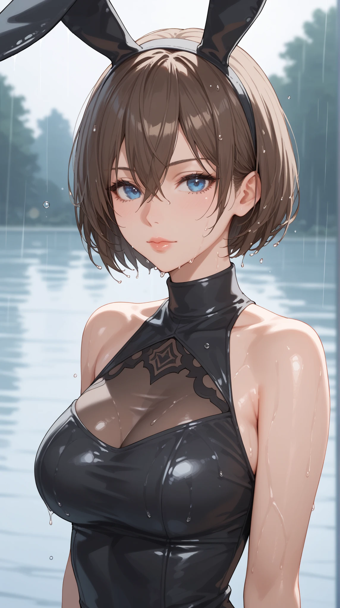 boyish,Very short hair,Black Hair,Large Breasts,Black leotard,High Leg,blush,Serious face,blue eyes,front leg pose,Tight fit,clearly,Striped pattern,forest,Asian Squat,Right behind,back,Butt,Cowboy Shot,