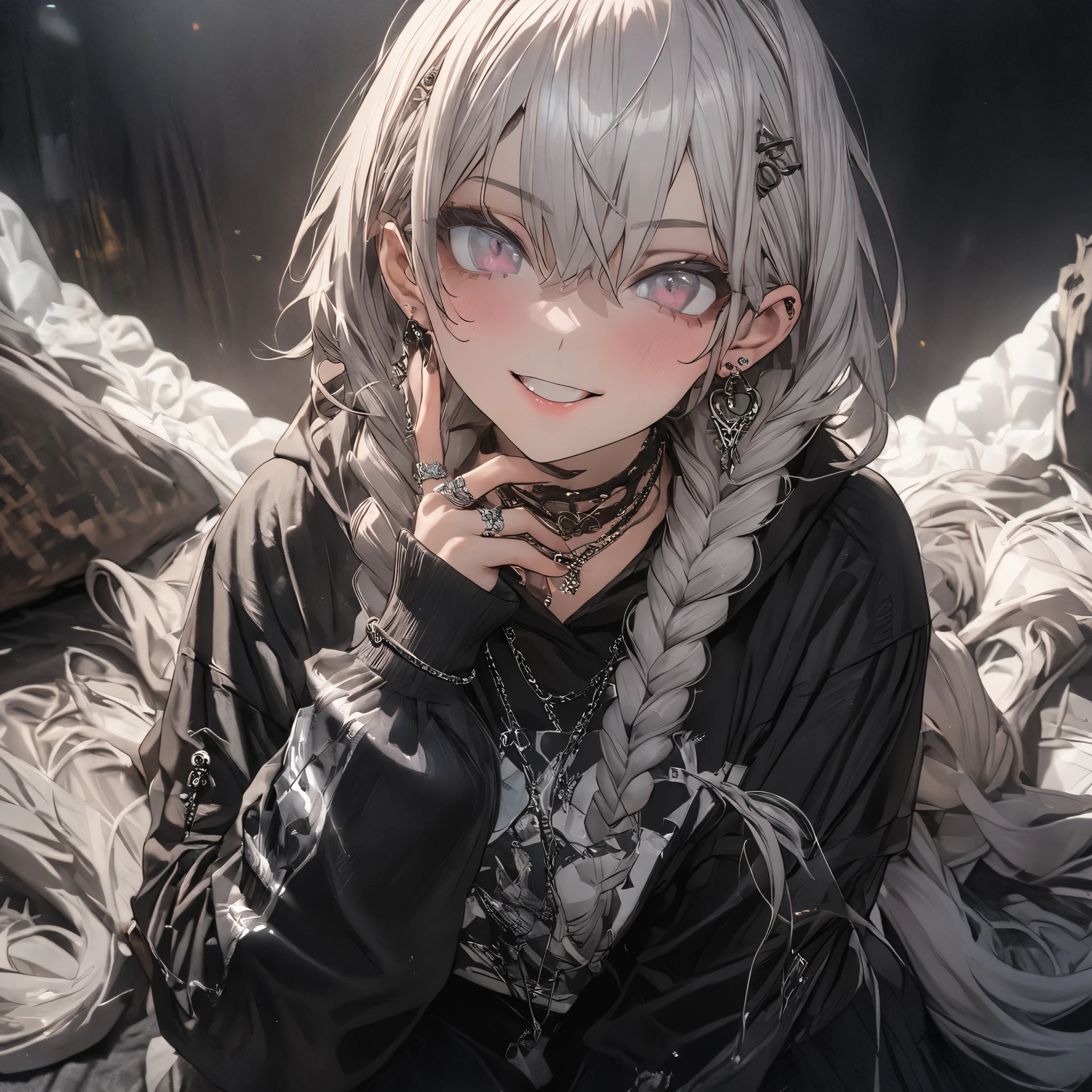 ((Masterpiece)), ((best quality)), (super detail:1.2), (High Definition:1.3), (Professional Photography:1.4), ((12 years old)), (1girl), cute young girl, (beautiful shaggy hair), shaggy bangs, (naughty smile), silver hair, pink eyes, (long hair), liner double, black outfit, black rose, black skirt, (one-leg stand), cute,Thin chain accessories, ❤️🖤💗💔, 8K, (jirai fashion), (sharp focus), perfect light, extensions, eyeliner, emo,