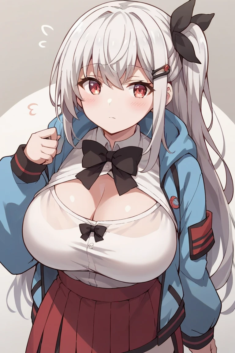 Red bikini、Colossal tits、(((masterpiece)))、(top-quality)、tre anatomically correct、(Best Quality:1.3), Large breasts, cleavage, shinny skin、silber hair、Soft skin、shorth hair、an anime girl、Bare arms、bared legs、a choker、parka、Put your arms together、Bring your chest together