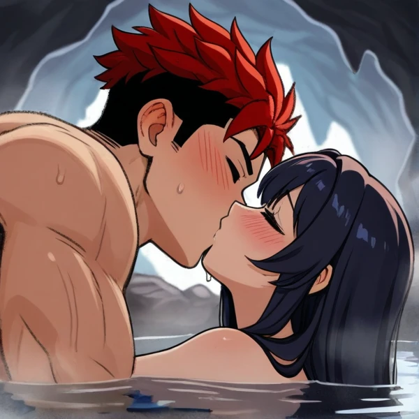 rating_explicit, woman, red hair, long hair, red lipstick, hot Springs, naked, missionary sex, evil smile, night background