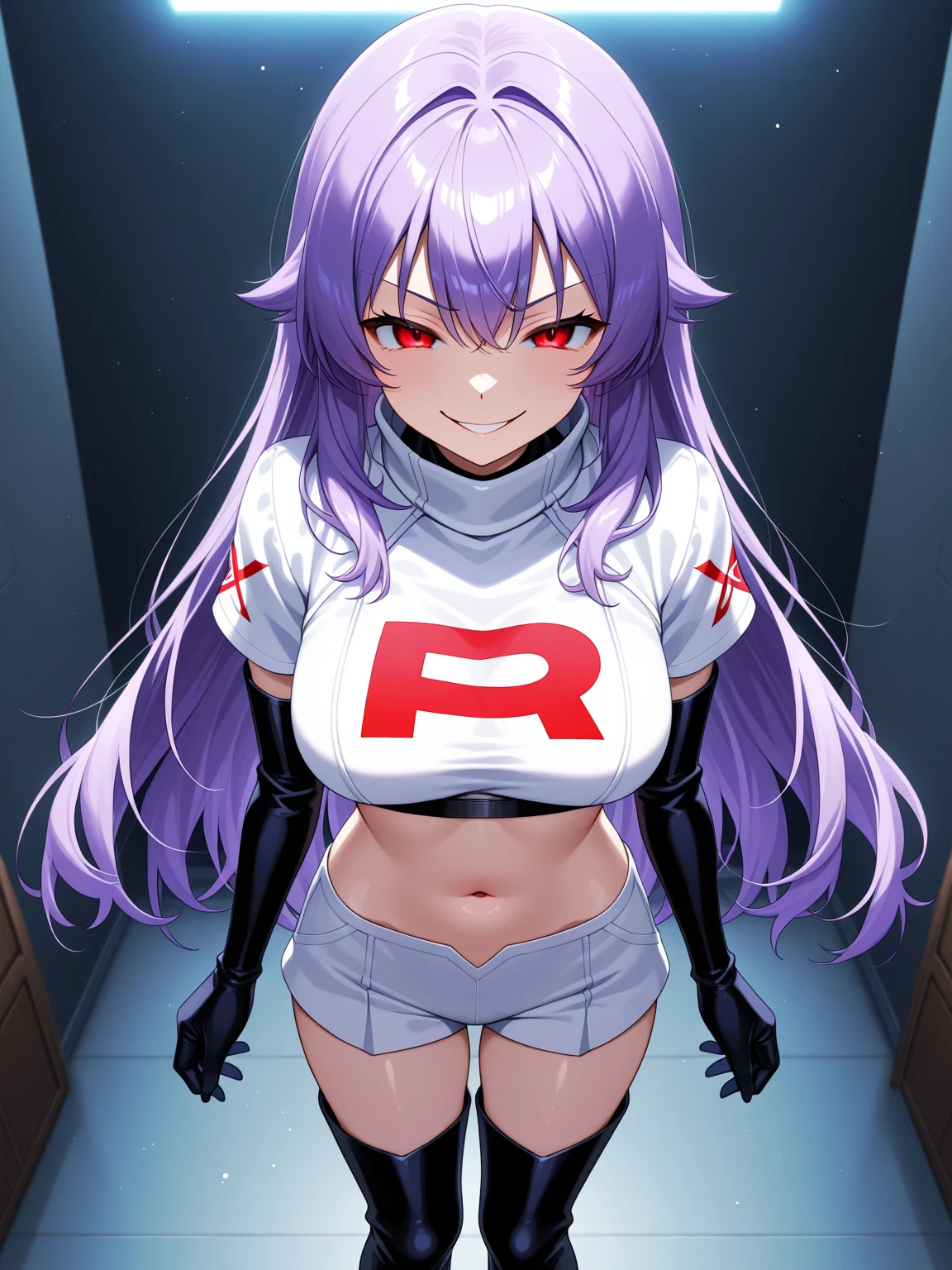 ironmouse, ironmouse, ahoge, medium hair, multicolored hair, pink hair, (purple eyes:1.1), purple hair, sidelocks, streaked hair, swept bangs, two side up, two-tone hair, hair ornament, heart, heart ahoge, heart hair ornament,
BREAK team rocket,team rocket uniform,white skirt,red letter R,crop top,black thigh-highs,black elbow gloves, demon girl, demon horns, demon tail, horns, tail,
BREAK looking at viewer,
BREAK (masterpiece:1.2), best quality, high resolution, unity 8k wallpaper, (illustration:0.8), (beautiful detailed eyes:1.6), extremely detailed face, perfect lighting, extremely detailed CG, (perfect hands, perfect ???????),