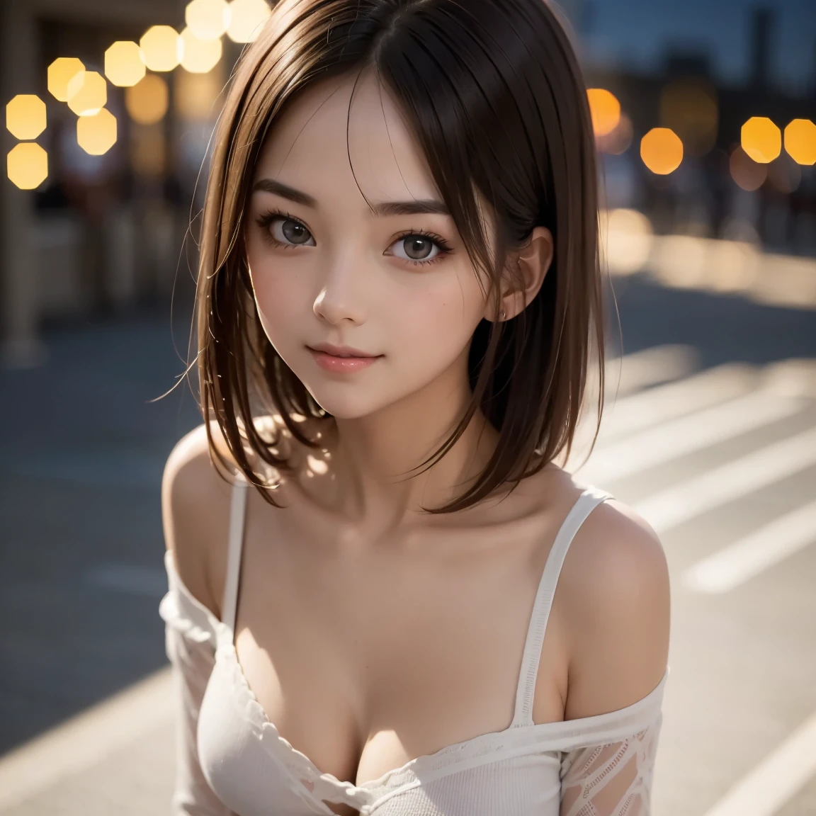 (table top:1.4、highest quality:1.4、best image quality:1.4、Beautiful adult woman with an attractive smile:1.4、beautiful teeth、lip gloss、brunette short bob hair、Shiny and lustrous hair、have shiny bangs:1.4、bangs:1.4、Lustrous short hair,,、long neck:1.4、show me your ears、tall supermodel、supermodel with broad shoulders、{Huge|big|huge|mega} chest, Beautiful chest have cleavage)、(cute high school girl、off-shoulder white see-through shirt、Short plaid see-through pleated skirt、28 years old)、she is a very cute and attractive woman
