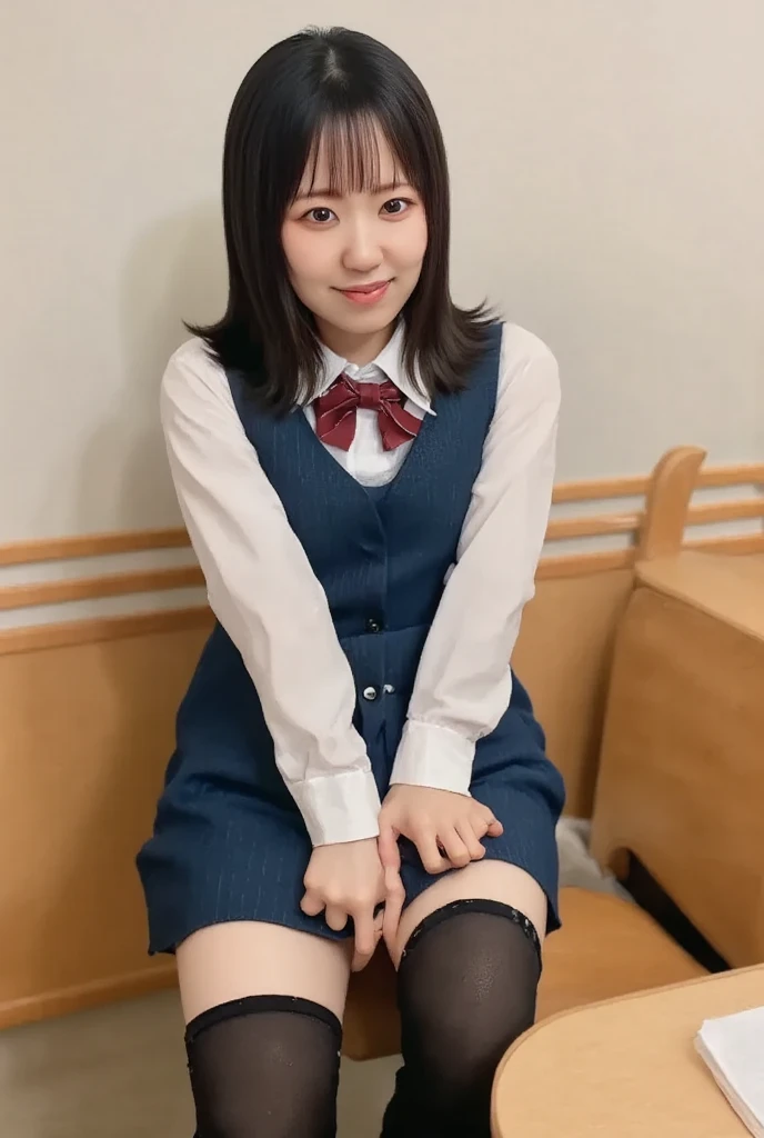 ((highest quality、8k、masterpiece:1.3)),((((fullbody shot)))),Ultra-high resolution,big eyes,Japanese,bangs,(a girl),(1 girl),((20 years old)),((facing at viewer)),((looking at viewer)),(long hair),(((black sailor uniform))),grin,((sitting on chair)),(pleated mini skirt),(((pussy))),((pubic hair)),((skirt lift)),((short crew socks)),(((platform shoes))),((from above))