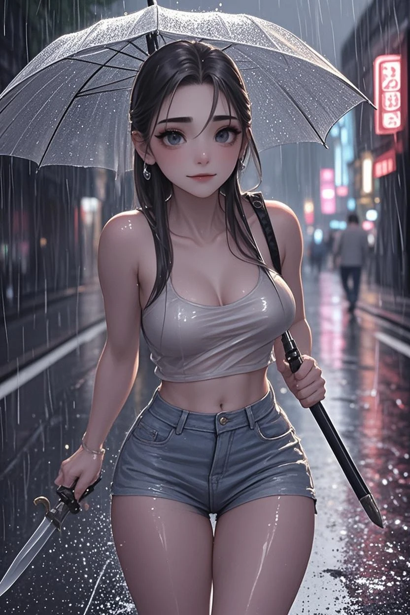 ((Stoya holding an umbrella handle:1.1))、(raining:1.4)、in the city、Close and distant views、(Highest quality、4K、8K、High resolution、masterpiece:1.2)、Super detailed、(Real、Photorealistic、Photorealistic:1.37)、Detailed、Beautiful sky、gloomy、Calm atmosphere、cloudy、Detailed midriff、sexy、Quiet landscape、erotic、