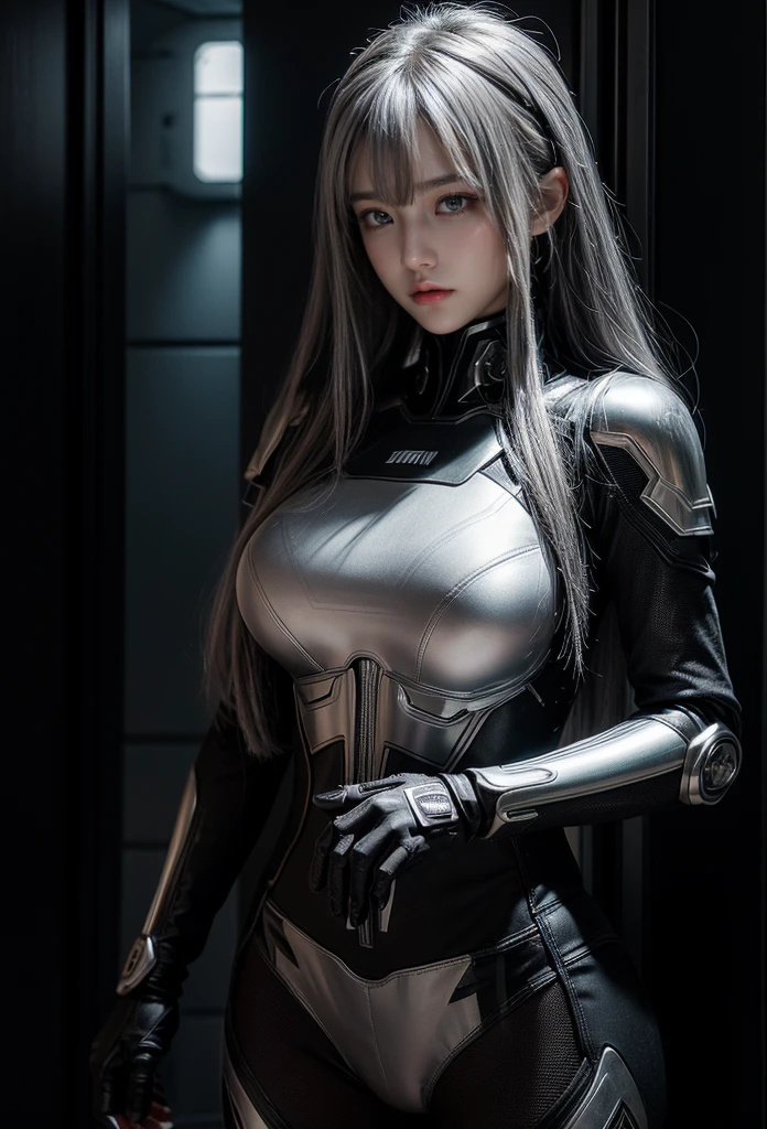 white hair、long fluttering hair、strong breeze、Orange Eyes、radiant eyes、Steampunk Girl、Colossal tits、The face and chest are alive、Cleavage is visible。photoRealstic、portfolio、Evangelion-style metal mecha suit、Combat cyborg、Sumerian details、metalic、detailed mechanical components、Bundle of thin tubes、Metal cylinder、Detailed neon、Fine LED、Fine parts